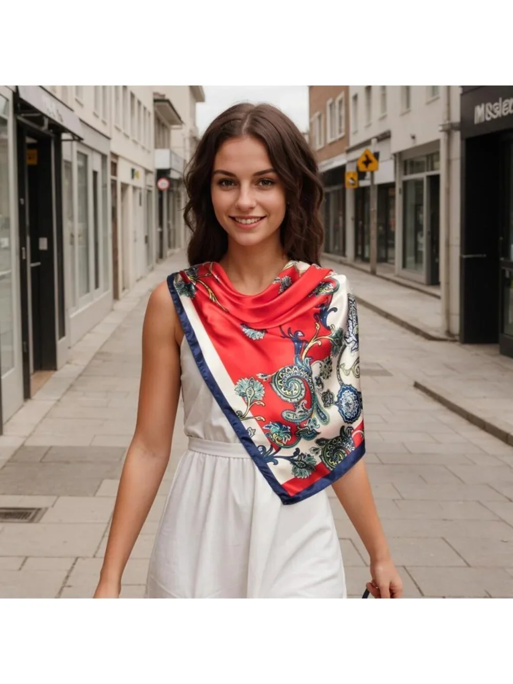 Women's Red Navy Printed Square Scarf Bandanas Hair Scarf 35 Inches